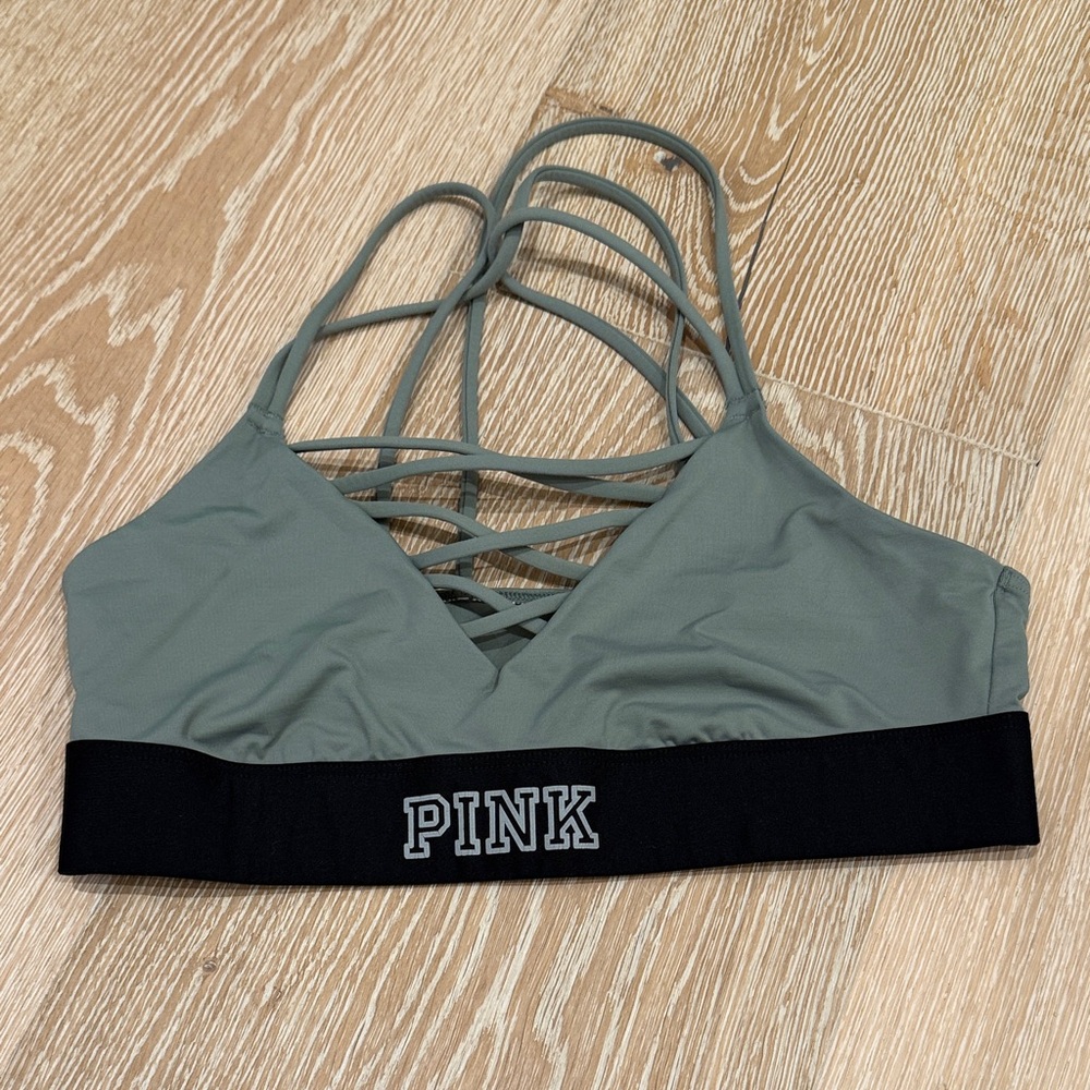 PINK Victoria’s Secret Sage Strappy Bralette Black Band Size Small
